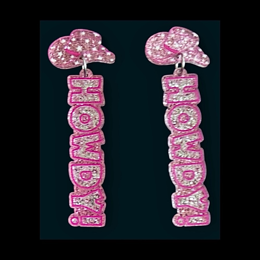 Cowgirl Chic: Pink Glitter Acrylic Country Western Cowboy Hat HOWDY! Earrings 🤠💄